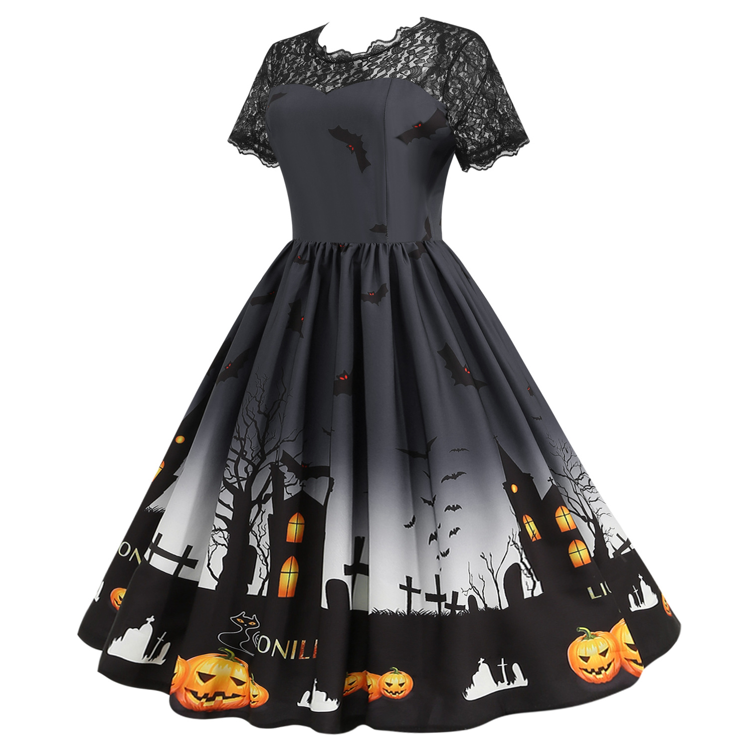 Womens Retro Lace round Neck Short-Sleeved Printed Maxi Dress for Cosplay Party